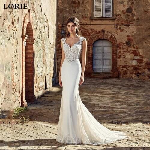 LORIE Mermaid Wedding Dresses 2019 Appliqued Lace Boho Bridal Gown Romantic Buttons Vestido de Voiva