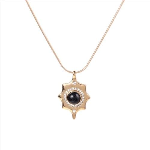 Light Yellow Gold Color Alloy Geometric Blue Sand Stone Pendant Link Chain Necklace with Rhinestone Jewelry