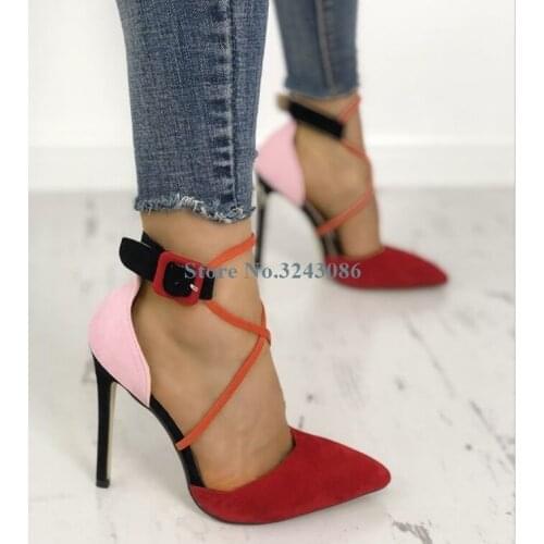 Red Pink Patchwork Faux Suede Thin High Heel Pumps Pointed Toe Cross Tie Stiletto Heel Pumps New Buckle Strap Dress Shoes