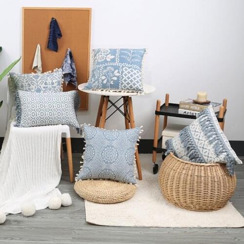 China Art Blue Flowers Cushion Cover Tassels Decoration Geometric Pillow Cover 45x45cm / 30x50cm Sofa PillowCase Pillow Sham