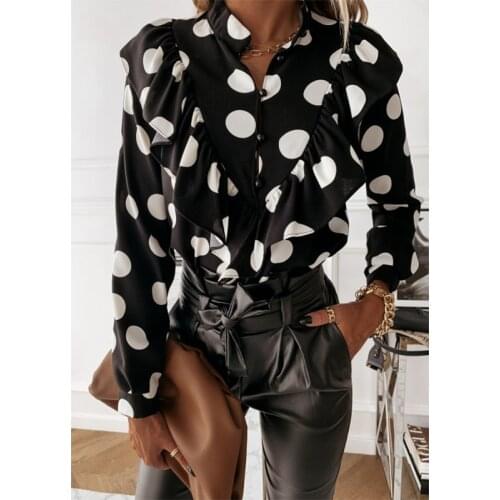 Ladies Polka Dot Print Ruffle Blouse Shirt 2021Autumn Spring Long Sleeve Shirts Tops Elegant Office Womens Button V-neck Blusas