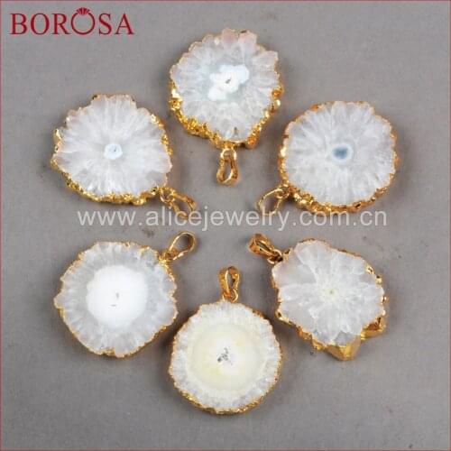 BOROSA Wholesale Gold Plated Natural Solar Quartz Pendant Bead Sun Flower Quartz Crystal necklace jewelry women party gift G0224