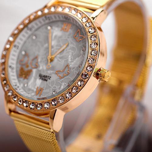 Women Wrist Watch Fashion Butterfly Face Rhinestone Gold tone Mesh Band Quartz clock Analog Stainless Steel reloj mujer