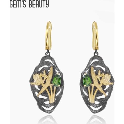 GEMS BEAUTY 18K Gold Filled 925 Sterling Silver Earring For Women Flower Dragonfly Natural Chrome Diopside Handmade Earring