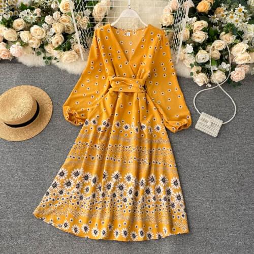 Slim 2021 v neck floral print bandage Autumn long Dress Party high waist dress vestido de festa Women casual Elegant tunic dress