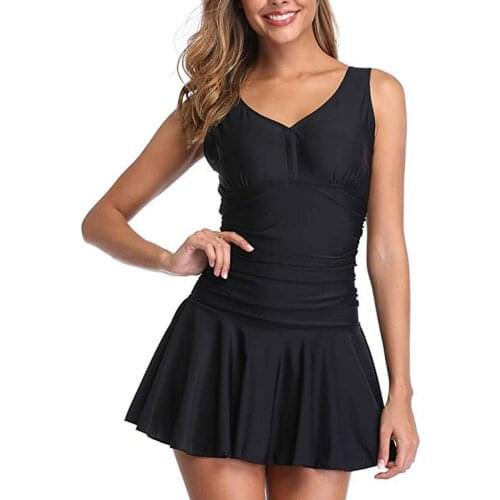 Women Plus Size Solid Color Swimdress One Piece Swimsuit Ruffle V-neck Swimwear Sexy Bathing Suit Beachwear Monokini Cover-Ups