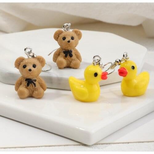 2021 3D Cartoon Animal Plastic Resin Drop Earrings Cute Yellow Duck Brown Bear Dangle Earrings Kids Childrens Friendship Gifts