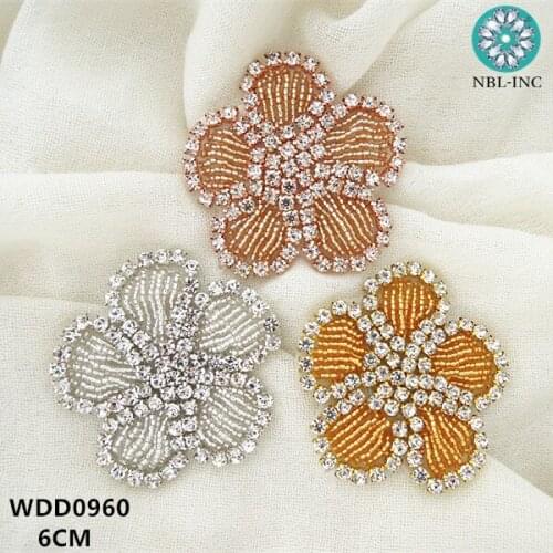 30pcs) Flower shape silver rhinestone crystal Applique patch gold bridal beaded applique iron on for wedding dress WDD0960