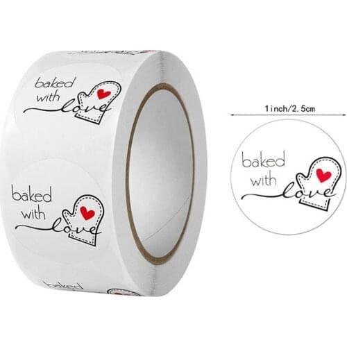500pcs/roll Round White "Baked with Love" Stickers Handmade Baking Adhesive Labels Wedding Party Business Cake Bag Decoration