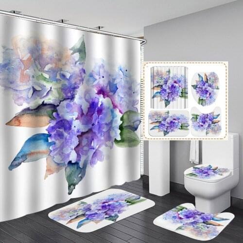 Watercolor Painting Flower Shower Curtain Purple With Non Slip Rug Mat Bathroom Curtain Waterproof Polyester Home Decor 180x180