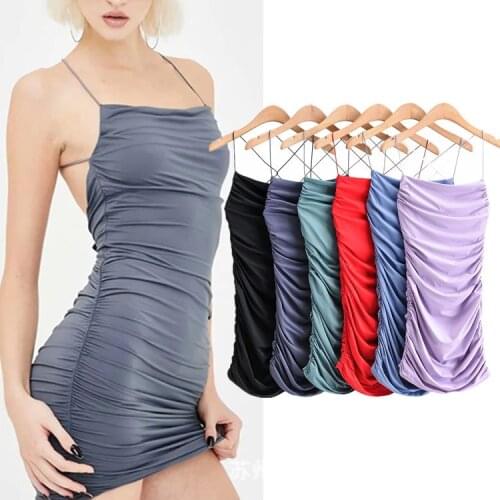 Satin sexy open back solid color sling bag hip skirt dress