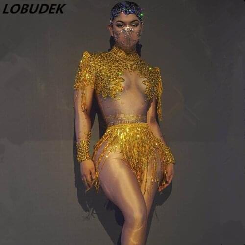 Shining Gold Sequin Elastic Skinny Bodysuit Sexy Women Party Show Stage Wear Nightclub Bar DJ Singer Dancer Performance Costume