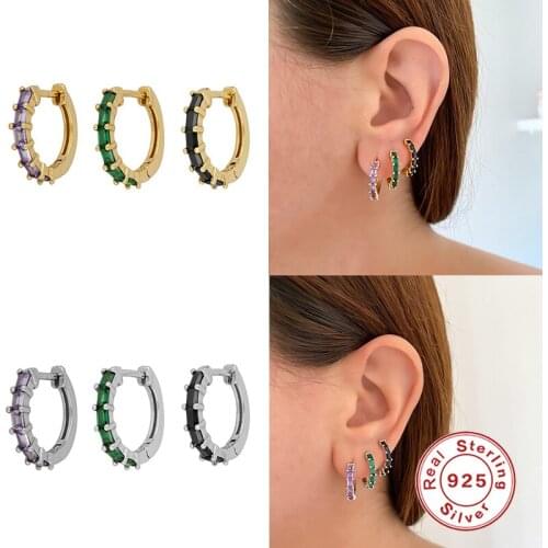 BOAKO 925 Sterling Silver Gold Purple Green Hoop Earrings Piercing Pendiente Circle Round Colorful Zircon Huggie Earrings Jewels
