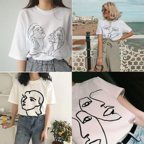 Korean Fashion Art Drawing T shirt Women Abstract Couple Graphic Tee Cute Ulzzang Henri Matisse Line Drawing Face Art T-Shirt