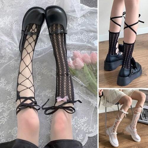 Sexy Lace Knee High socks Long socks Women Bandage Stockings Transparent High Elastic Socks School Girls Kawaii Socks