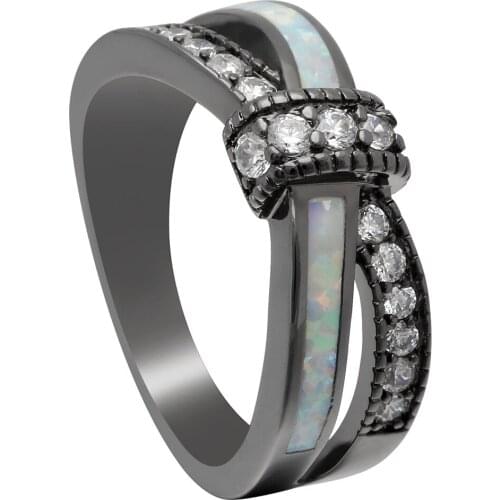 Hainon Mystic Rainbow White Fire Opal Rings For Women Black Gold Filled Party Finger Ring Elegant Vintage Jewelry Christmas Gift