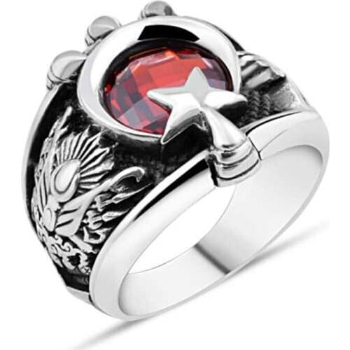 Red Zircon Cubic Zirconia Moon-Star Clawed Silver Men 'S Ring