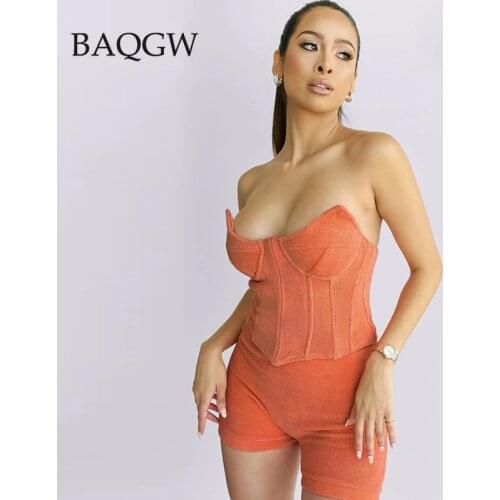 Summer Women Suede Two Piece Set Sexy Off Shoulder Slash Neck Corset Top + Biker Shorts Matching Outfits Female Vintage Party