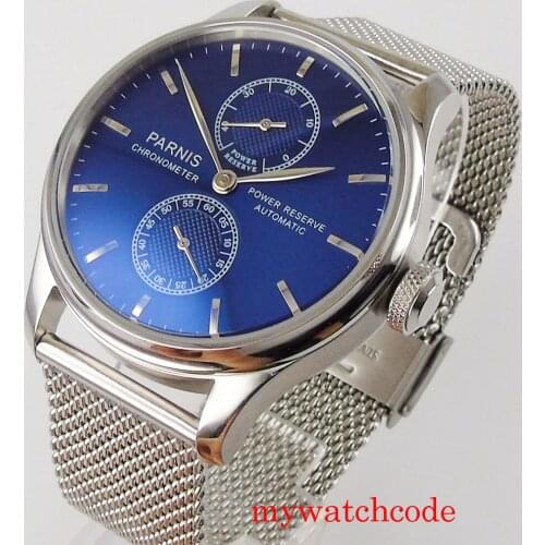 PARNIS 43mm Blue Dial Mechanical Automatic Men Wristwatch Power Reserve Indicator Stainless Steel bracelet