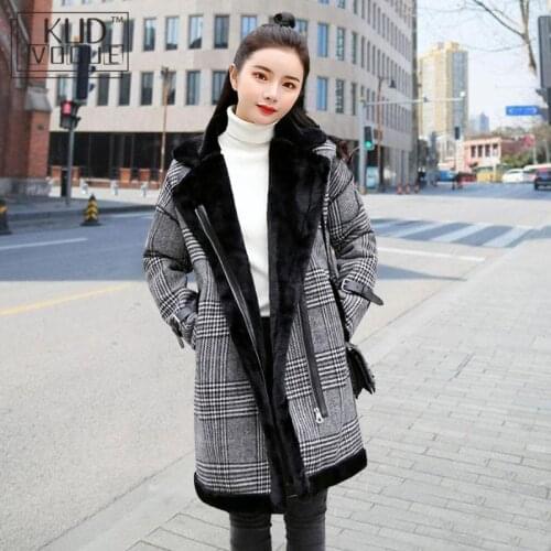 Faux Lambs Woolen Plaid Coat Casual Winter Jacket Elegant Turn-down Collar Thick Warm Long Coat Women Plus Size Female Outerwear