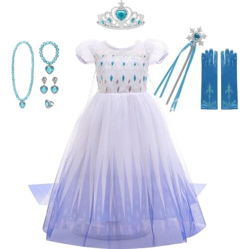 Disney Frozen Elsa Princess Cosplay Dress Snow Queen 2 White Sequins Ball Gown Elegent Party Clothing Children Halloween Dresses