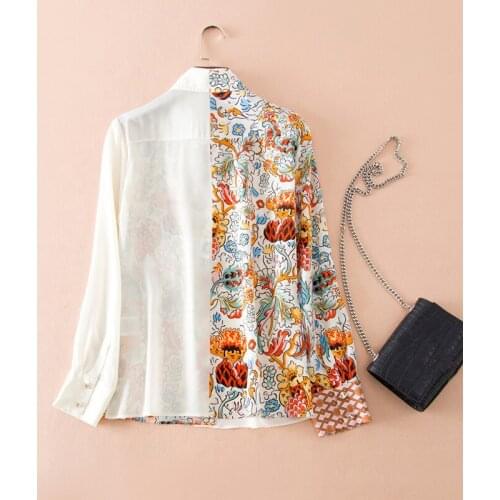 Silk Runway Fashion Womens Long Sleeve Flower Print Patchwork Party Office Sping Summer Blouse
