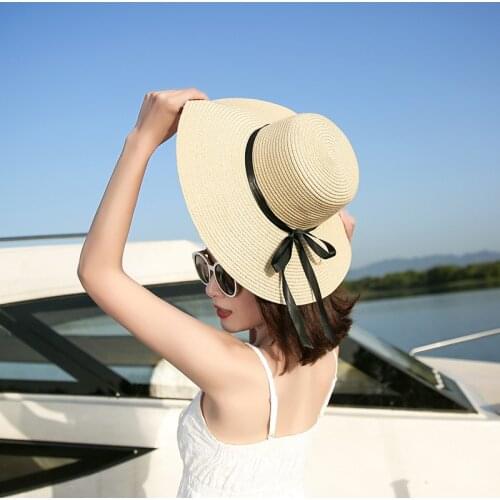 Women New Hats Summer Large Brim Straw Hat Floppy Wide Brim Sun Cap Bowknot Beach Foldable Hats 2021