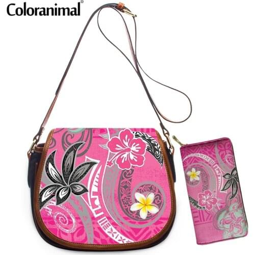 Coloranimal Vintage Pink Hawaiian Turtle With Plumeria Printing Women Crossbody Bag 2Pcs Shoulder Bag&Wallet PU Messenger Bag
