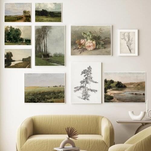 Vintage Horses Farmhouse Landscape Oil Painting Posters and Prints Countryside View Canvas Painting Wall Art Pictures Home Decor