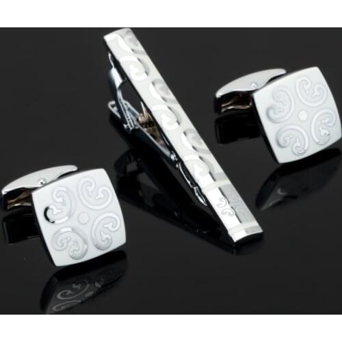 Free shipping Cufflinks Tie Clips Set white pattern designs copper material men tie clips cufflinks wholesale&retail