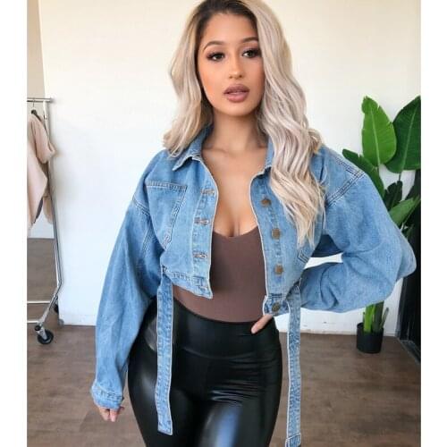 Breathable Girls Denim Jacket Ladies Solid Color Long Sleeve Lapel Single-breasted Loose Short Coat Casual Tops with Belt