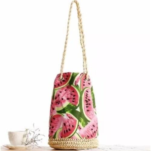 Women Bag 2021 Summer Canvas Bucket Vintage String Printing weave Soft Watermelon Retro Silt Pocket Beach Bag High-capacity