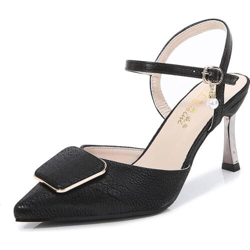 Women Sandals High Heels Summer Brand Party Shoes Round Toe PU 6CM Thin High Heels Buckle Strap Shallow women shoes size 35-42