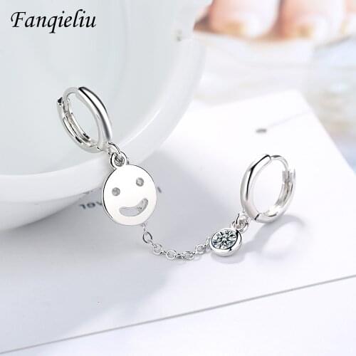 Fanqieliu Gothic Single 2pcs Link Smile Face Charms Crystal Hoop Earrings 925 Sterling Silver Earring Hoops For Women FQL20396