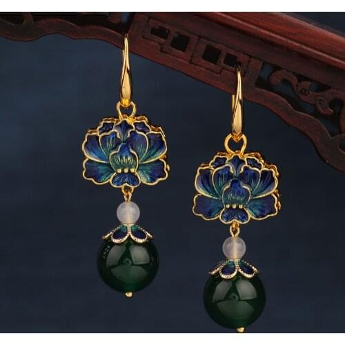 New spring summer Fashion Vintage long green flower cloisonne Drop earrings nature agate earrings Ethnic Jewelry for women