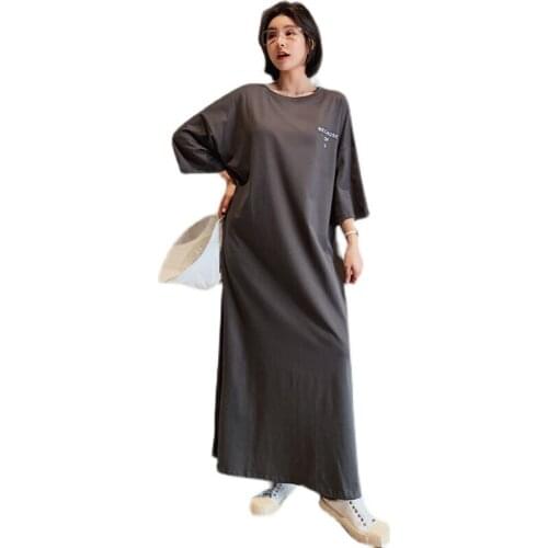 NYFS Summer dress 2021 New Loose Vintage long dress Vestidos Robe Elbise Fashion Short sleeve Letter Printing Cotton Woman dress