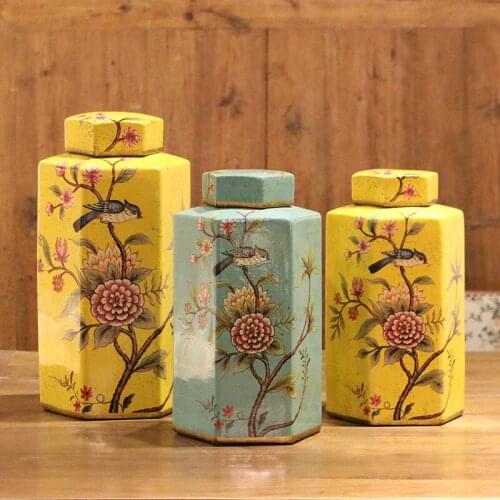 American Rural Hand Painted Flowers And Birds Hexagonal Ceramic Storage pot porcelain decorate jar vase