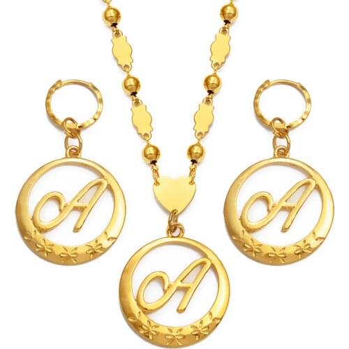 Anniyo Cursive Letters Gold Color Pendant Initial Chain for Women Ball Beads Necklaces English Letter Jewelry Women #135006