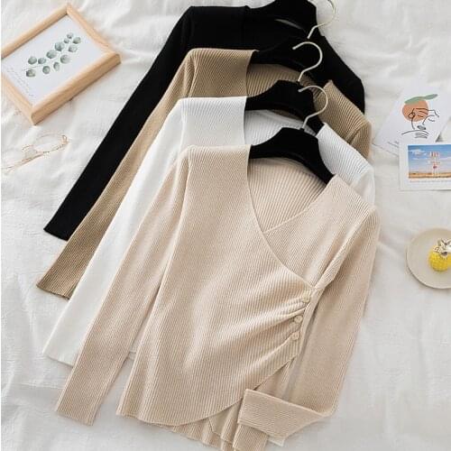 Irregular Sexy V-Neck Long Sleeve Pullovers Knitted Sweater Women 2021 Winter Sweaters Chic Knitwear Korean Woman Clothes Fall