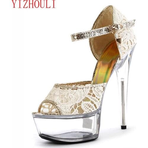New 15cm sexy high-heeled sandals, glitter lace wedding shoes and womens crystal high-heeled sandals