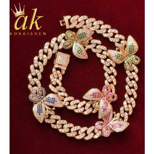 10mm Colorful Zircon Miami Cuban Link Necklace With Butterfly Bling Women Jewelry AAAA Charm Hip Hop Chain