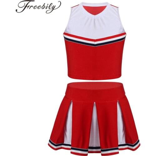 Kids Girls Cheerleading Uniforms Outfit Sleeveless Crop Top with Pleated Skirt Set for Cosplay Performance Cheerleader Costume