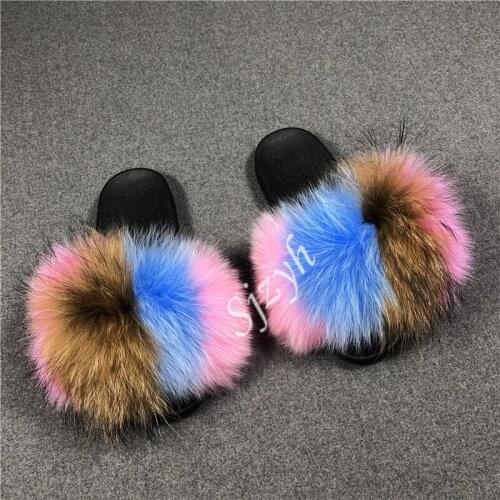 Childrens Furry Slides Womens Fluffy Raccoon Fur Slippers Girl Fur Shoes Outdoor Sandals Female Indoor Home Flip Flops BigEU46