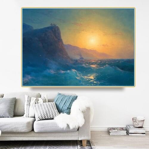Citon Canvas Oil Painting Ivan Aivazovsky《Moving sea view with steep coast at sunset》Artwork Picture Wall Decor Home Decoration
