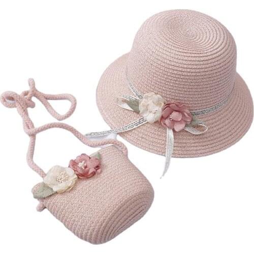2PCS Children Girl Fashion Flowers Straw Hat Casual Cute Sweet Breathable Sunscreen Beach Sun Hat With Bag Set Girls 2-7 Year