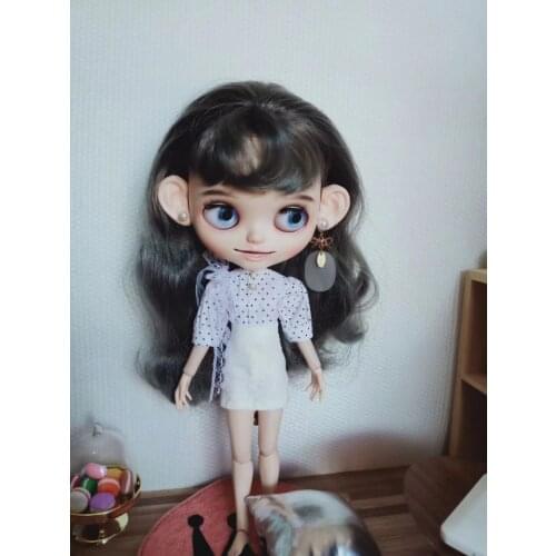 Blythes doll dress 1/6 size fashion white dot top or blue lace sexy vertical top + white slim lace skirt two-piece set