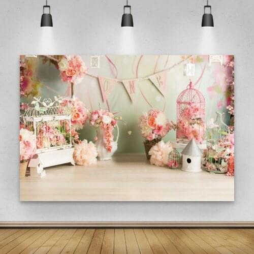 Laeacco Pink Flowers Blossom Birdcage Vase One Birthday Newbron Backdrop Photographic Background For Photo Studio Photophone