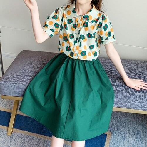 Girls' Summer Suits 2021 Fresh Style Flowers Short-Sleeved Shirt + Skirts Big Children 2pcs 4 7 9 10 12 13 Teenagers' Clothing