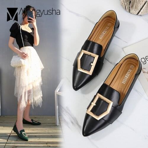 2020 Metal Buckle band pointed toe loafers women ballet flats shoes woman slip on shallow comfy solid moccasins large size36-45