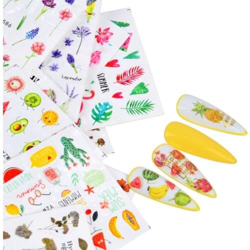 Cute Cartoon Summer Fruit Nail Stickers Flower Leaf Transfer Sliders For Nails Zebra Animal Water Decals Anime Watermark Tattoo